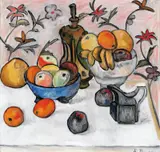 Rudolph Thygesen, Oppstilling med krukker, karaffel og frukt, 1924, Olje på lerret