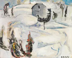 Alexander Schultz, Hus i vinterlandskap, Olje på lerret