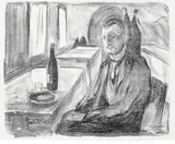 Edvard Munch, Selvportrett ved vinen, Litografi trykket i svart på middels tynt gulhvitt