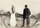 Edvard Munch, To mennesker. De ensomme, Radering trykket i sort på tykt beige papir