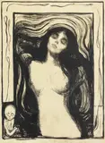 Edvard Munch, Madonna, 1895, Litografi trykket i svart på tykt, grått papir