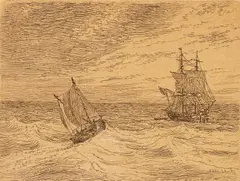 Johan Christian Dahl, Brigg og losbåt, 1828, Radering