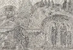 Arne Ekeland, Åkerlandskap med figurer, elv og landsby, Lavering på papir, lysmål