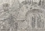 Arne Ekeland, Åkerlandskap med figurer, elv og landsby, Lavering på papir, lysmål