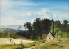 Sophus Jacobsen, Sittende kvinne i landskap med hus og åker, Olje på lerret