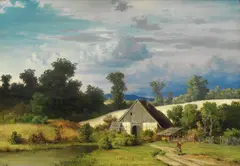 Sophus Jacobsen, Mann i landskap med hus, Olje på lerret
