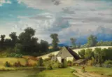 Sophus Jacobsen, Mann i landskap med hus, Olje på lerret