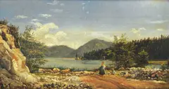 Knud Baade, Kvinne med rive og sittende mann ved innsjø, 1830, Olje på lerret