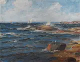 Thorolf Holmboe, Kystlandskap med seilbåter og sjøfugl, Olje på lerret, oppklebet på plate