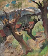 Bjarne Hansen, Landskap med hus, 1929, Olje på lerret