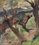 Bjarne Hansen, Landskap med hus, 1929, Olje på lerret
