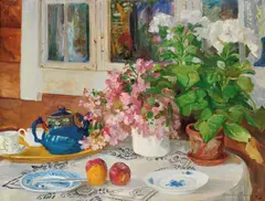 Oppstilling med frokostbrett og blomster by Samuel Tveit, 1931, Olje på lerret, sold Jun 2006
