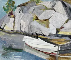Erling Merton, Robåt ved brygge, 1956, Olje på lerret
