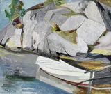 Erling Merton, Robåt ved brygge, 1956, Olje på lerret