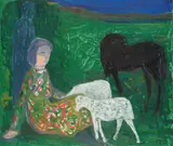 Per Rom, Kvinne og mann med hest og sau, 1943, Olje på plate