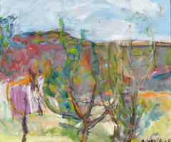 Alexander Schultz, Landskap med hus, Olje på lerret