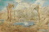 Lars Hertervig, Landskap med gamle furutrær, 1858, Blandingsteknikk på papir, lysmål
