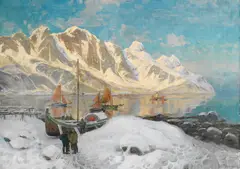 Thorolf Holmboe, Fiskevær i Lofoten, Olje på lerret