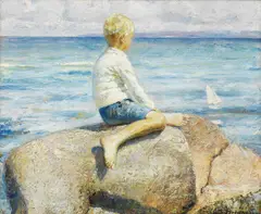 Johannes Grenness, Lekende gutt på sten med seilbåt, 1916, Olje på lerret