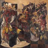 Hjalmar Haalke, Oppstilling med høstblomster i vaser, 1926, Olje på lerret