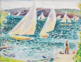 Skjærgårdslandskap med figurer og seilbåter by Arne Kavli, Olje på plate, sold May 2006