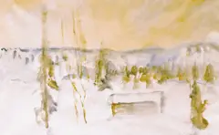 Alexander Schultz, Vinterlandskap med hus, 1980, Akvarell på papir, lysmål