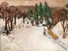 Sigurd Danifer, Tømmerkjøring i vinterlandskap, Olje på lerret