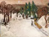 Sigurd Danifer, Tømmerkjøring i vinterlandskap, Olje på lerret
