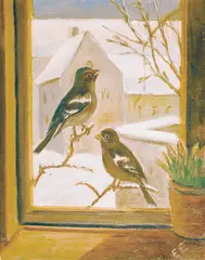 Erling Enger, Bokfinker på gren utenfor vindu, vinter, Olje på lerret