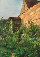 Marcus Grønvold, Kvinne i hage, Inhofen, 1916, Olje på lerret