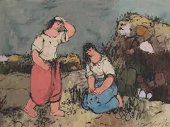 Tor Hoff, To kvinner i landskap, 1957, Olje på papir