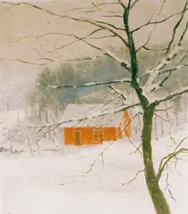 Fredrik Kolstø, Hus i vinterlandskap, 1891, Olje på lerret
