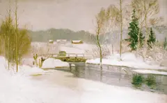 Andreas Singdahlsen, Vinterlandskap med gårdsbruk, Olje på lerret, oppklebet på lerret