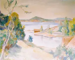 Wilhelm Marius Wangensten, Stille sommerdag, Skåtøy, 1947, Olje på plate