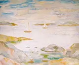 Wilhelm Marius Wangensten, Kystlandskap med seilbåter, Olje på plate