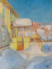 Wilhelm Wetlesen, Gårdstun, Lillehammer vinter, 1904, Olje på lerret