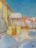 Wilhelm Wetlesen, Gårdstun, Lillehammer vinter, 1904, Olje på lerret