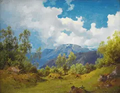 Joachim Frich, Landskap, 1849, Olje på papir, oppklebet på plate