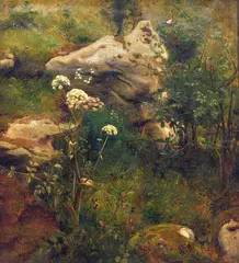 Anders Askevold, Studie av stein, rosenbusk og markblomster, 1856, Olje på papir, oppklebet på plate