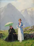 Hans Andreas Dahl, Landskap med to kvinner, Balestrand, Olje på lerret
