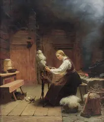 Knud Bergslien, Interiør, kvinne ved rokk, 1868, Olje på lerret