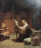 Knud Bergslien, Interiør, kvinne ved rokk, 1868, Olje på lerret