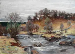 Gerhard Munthe, Kvinne og mann i vårlandskap, 1887, Olje på mahognyplate