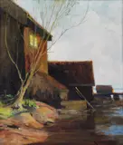 Karl Dørnberger, Kystlandskap med hus, 1916, Olje på plate