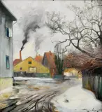 Karl Dørnberger, Gateparti med sneslaps, 1916, Olje på plate