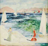 To kvinner på brygge, båtliv by Arne Kavli, Olje på lerret, sold Nov 2005