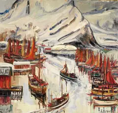 Einar Berger, Fiskevær i Lofoten, 1941, Olje på lerret