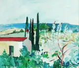 Landskap med hus, Frankrike by Jakob Weidemann, 1957, Olje på lerret, sold Nov 2005