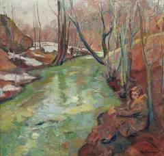 Søren Onsager, Vårbilde med ung pike, 1930, Olje på lerret