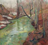 Søren Onsager, Vårbilde med ung pike, 1930, Olje på lerret